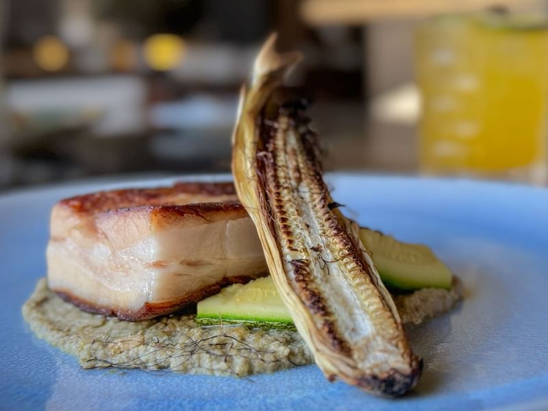 Dish featuring pork belly with charred corn and zucchini served in La Distral Querétaro at Grand Fiesta Americana