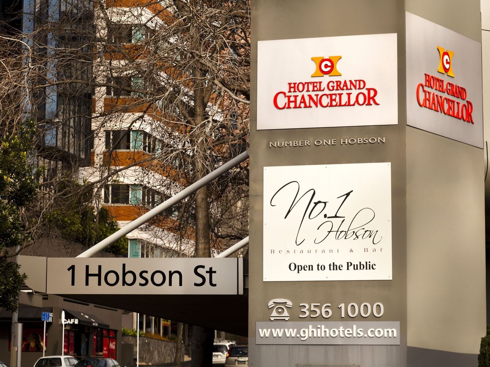 Exterior of banner tower at Hotel Grand Chancellor