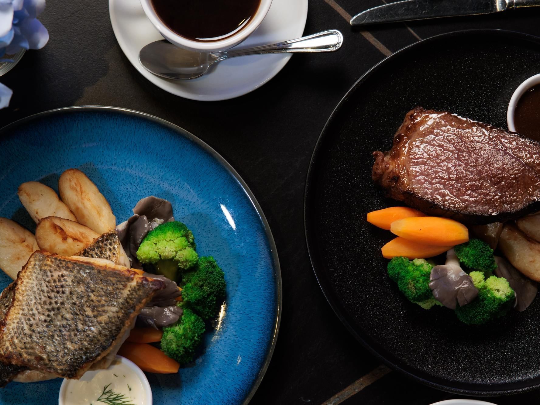 Salmon & steak dish served from the Set Menu at Park Hotel Hong Kong