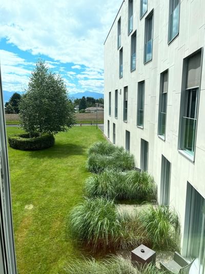 Serene view of a grassy area from a window at Starling Hotel Lausanne