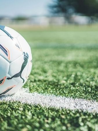 Puma soccer ball placed on a white line by a green grass field near Warwick Seattle