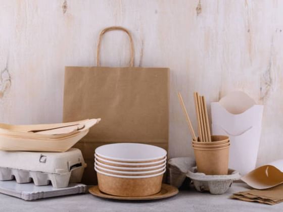 Assortment of eco-friendly paper takeaway bowls, bags, boxes, and straws arranged on a counter near Rodd Hotels & Resorts