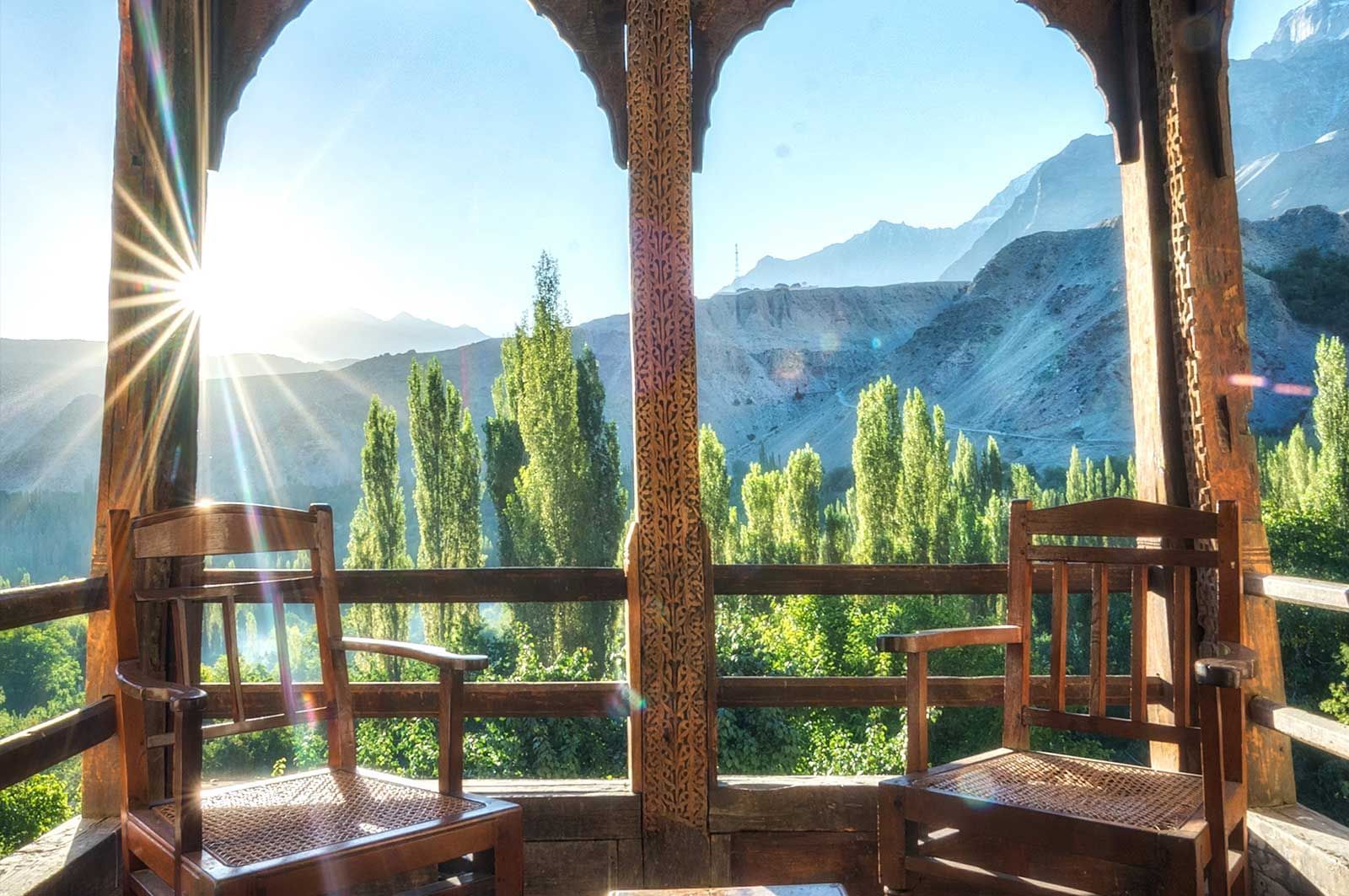 The balcony lounge in a hotel room at Serena Khaplu Palace