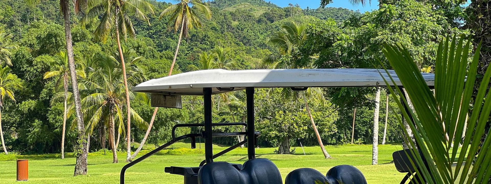 Golf cart on the course with lush greenery at The Naviti Resort in Korolevu, Fiji