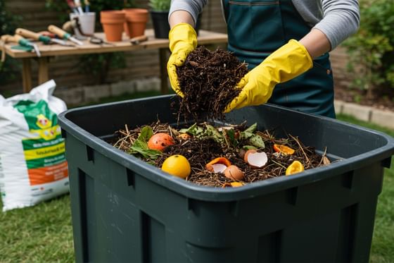 Hands adding compost Rodd Hotels & Resorts, showcasing green practices at one of the best hotels in Charlottetown, PEI
