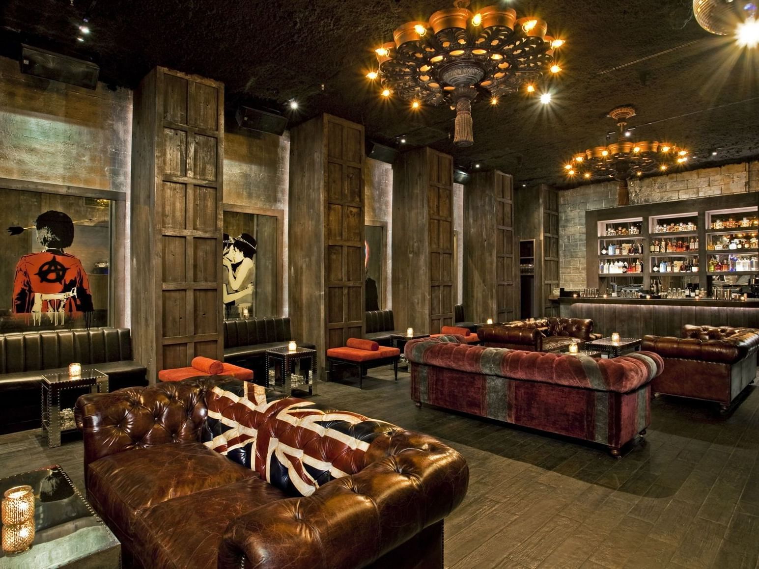 Leather sofas placed in the Electric Room at Dream Downtown NYC