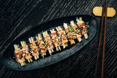 Closeup of Sushi served in a Mott 32 at Paradox Hotel Vancouver