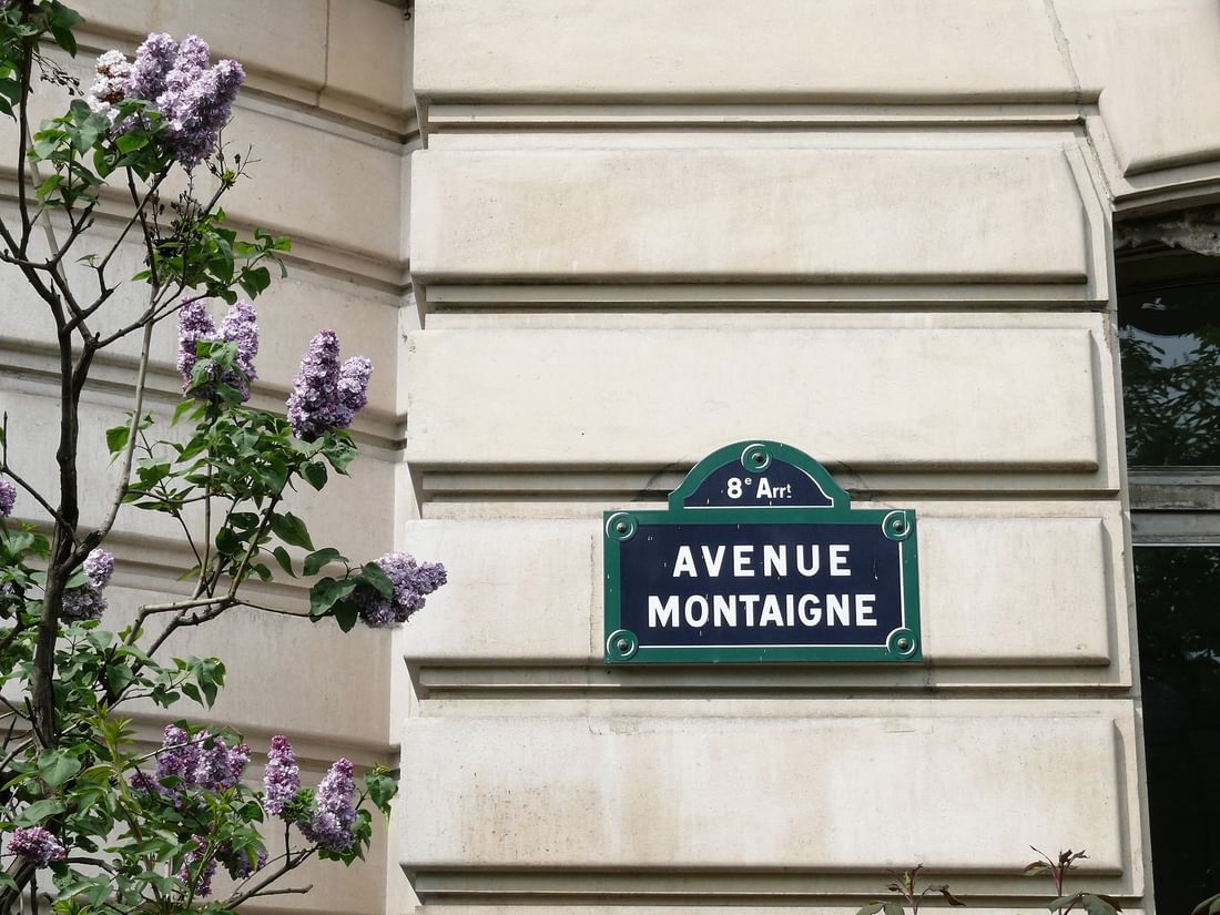 Avenue Montaigne sign by lilac flowers under a stone wall near Warwick Paris Champs Elysées