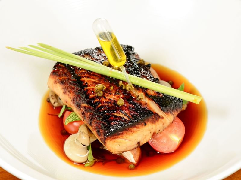 Close-up of grilled fish served on a plate at Live Aqua Resorts and Residence Club