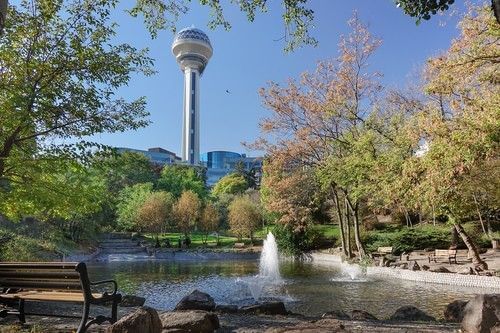 Wooden bench by a fountain under a blue sky near the tall Atakule tower at Warwick Ankara