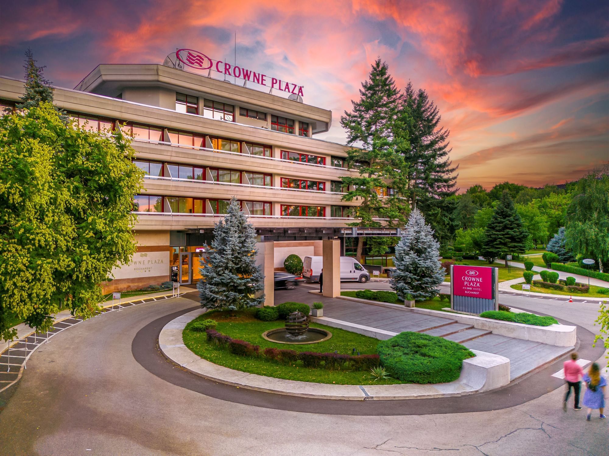 Exterior view of the hotel building and entrance to the Crowne Plaza Bucharest Hotel