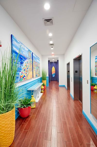Bright corridor with beach-themed artwork and potted plants leading to elevator doors at Park Place Hotel Ocean City
