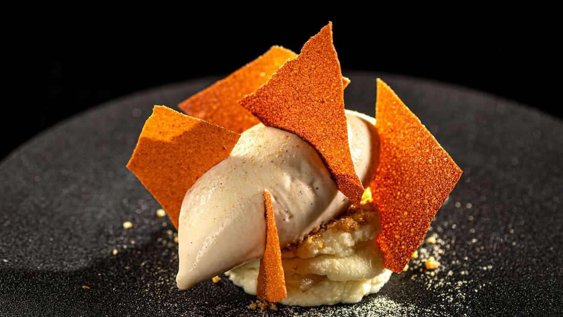 Close-up of a fine dessert served in Jeff's Cellar at The Banjaran Hotsprings Retreat