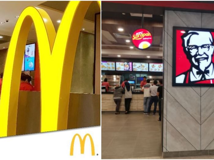 Customers at a fast food restaurant counter with brand logos in Sunway Velocity Mall near Sunway Velocity Hotel
