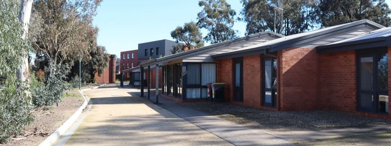 Row of brick buildings with flat roofs and glass doors, lined with trees on a sunny day.