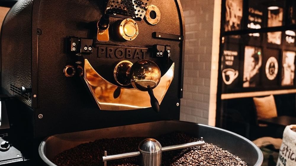 Close-up of a coffee roasting machine in Craft Table Artisan Café & Bakery at Paramount Hotel Dubai