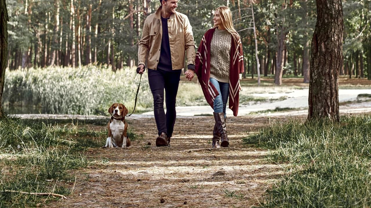 couple walking dog in the woods