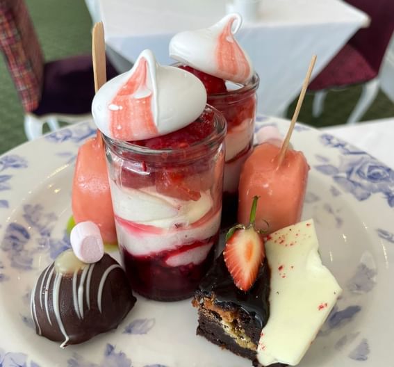 Close-up of a dessert dish served in a Restaurant at Orsett Hall Hotel
