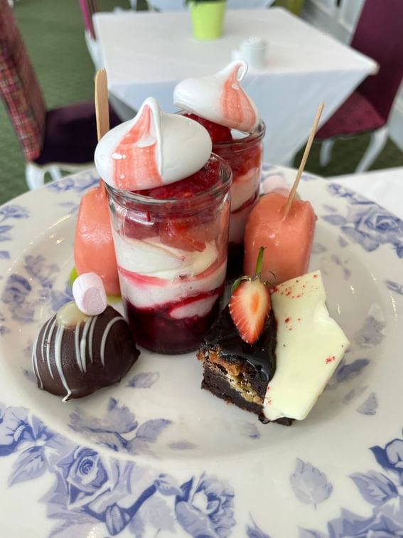 Close-up of a dessert dish served in a Restaurant at Orsett Hall Hotel