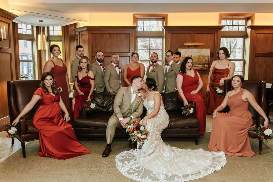 Wedding party photo of bride and groom with bridesmaids and groomsmen  at the Regency Hotel Portland
