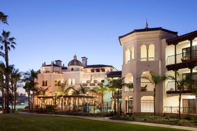 Exterior view of the Santa Barbara Inn at evening