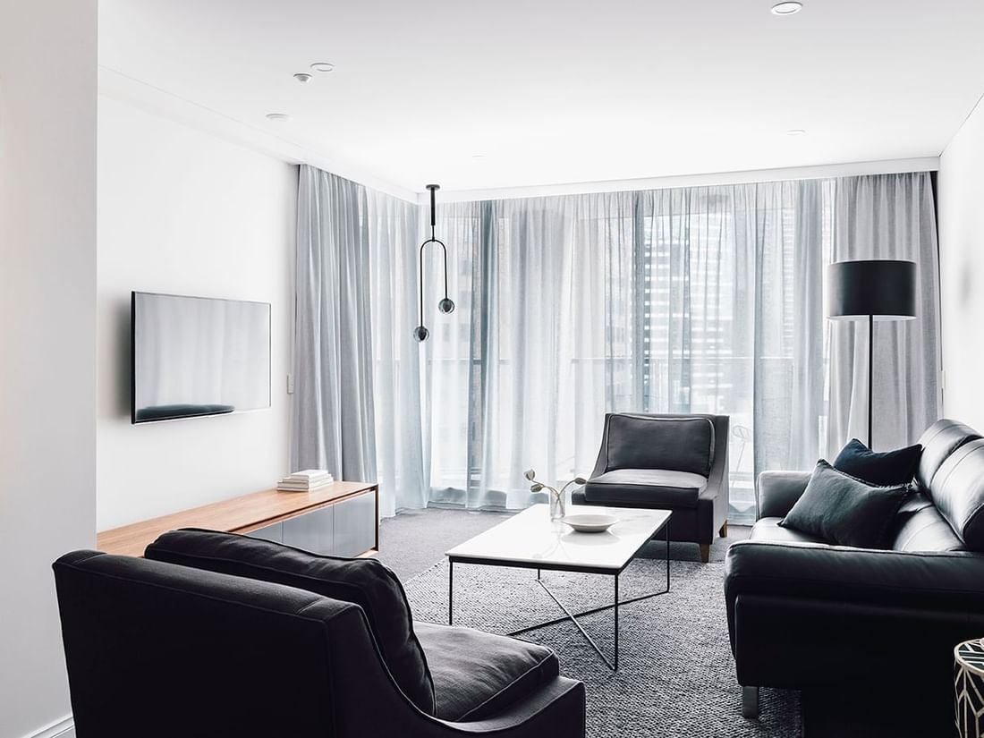 Livingroom area in 2 Bedroom 2 Bathroom Premium Apartment at Quay West Suites Melbourne