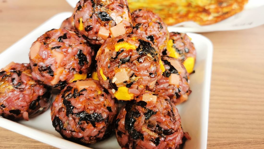 Close-up of rice-balls served in K Fry at Sunway Resort