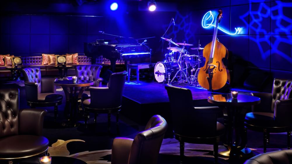 Instruments on stage in Q's Bar and Lounge at Palazzo Versace