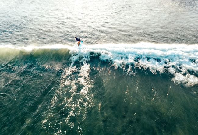 Surfer catches a glowing morning wave in the clear Pacific waters near Cala Luna Boutique Hotel