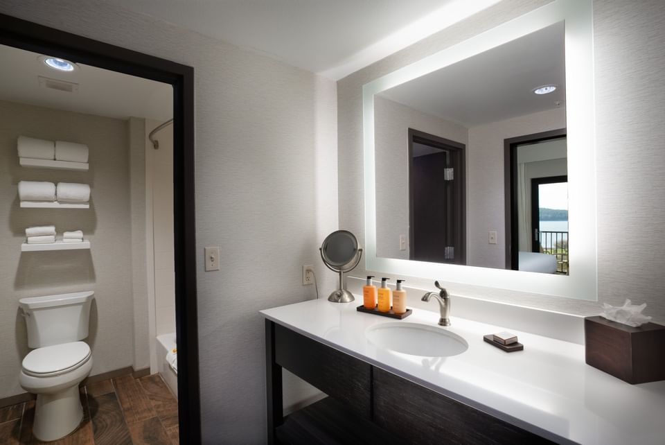 Bathroom vanity area in Accessible King at Shangri-La Monkey Island