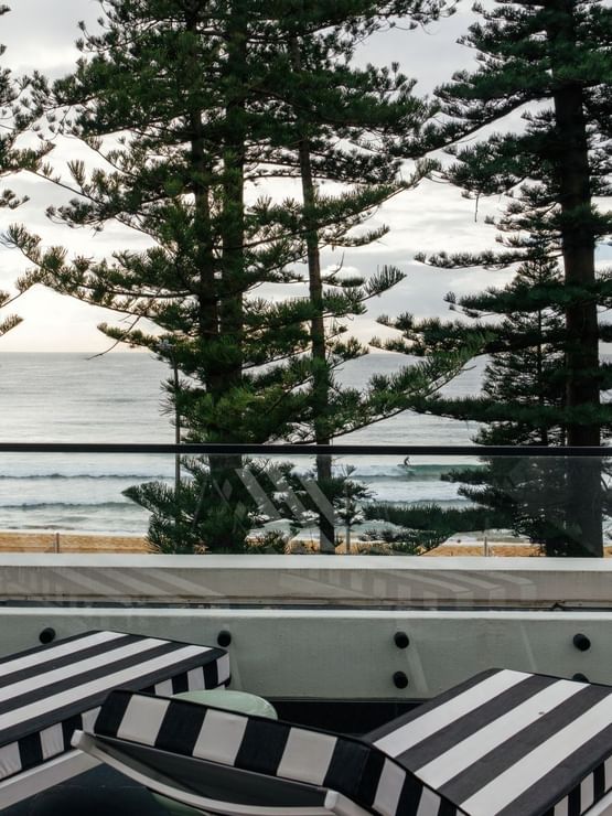 Wellness Two Bedroom Suite at Elysium Manly with an ocean view beyond pine trees under a glass railing near lounge chairs