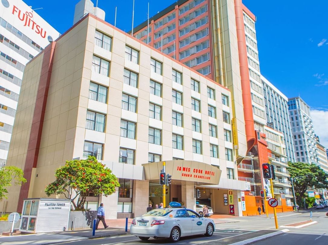 Exterior low angle view of the hotel at James Cook Grand Chancellor