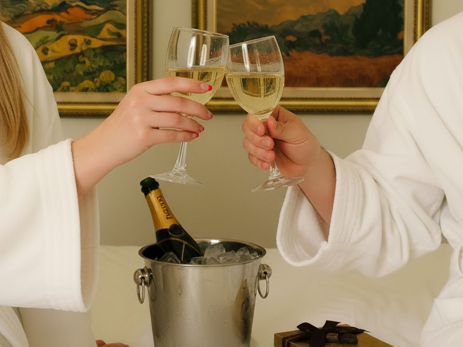 Close-up of a couple toasting with champagne in white robes during a stay at Arlington Resort Hotel & Spa
