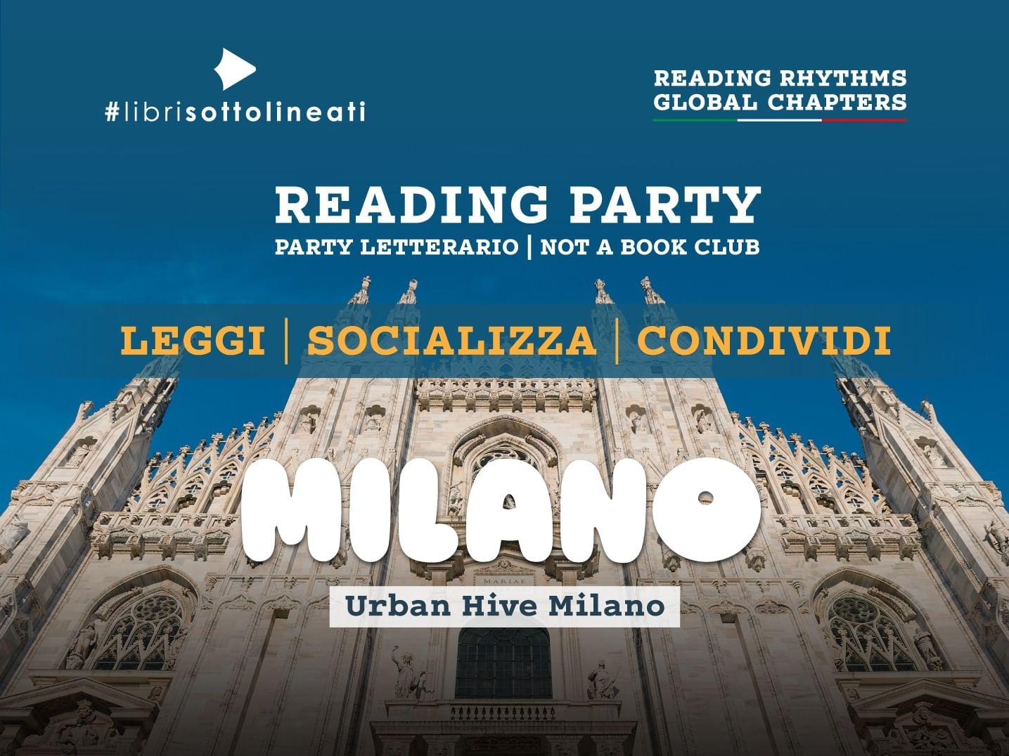 The Duomo di Milano on a Reading Party flyer, promoting a literacy event near Urban Hive Milano