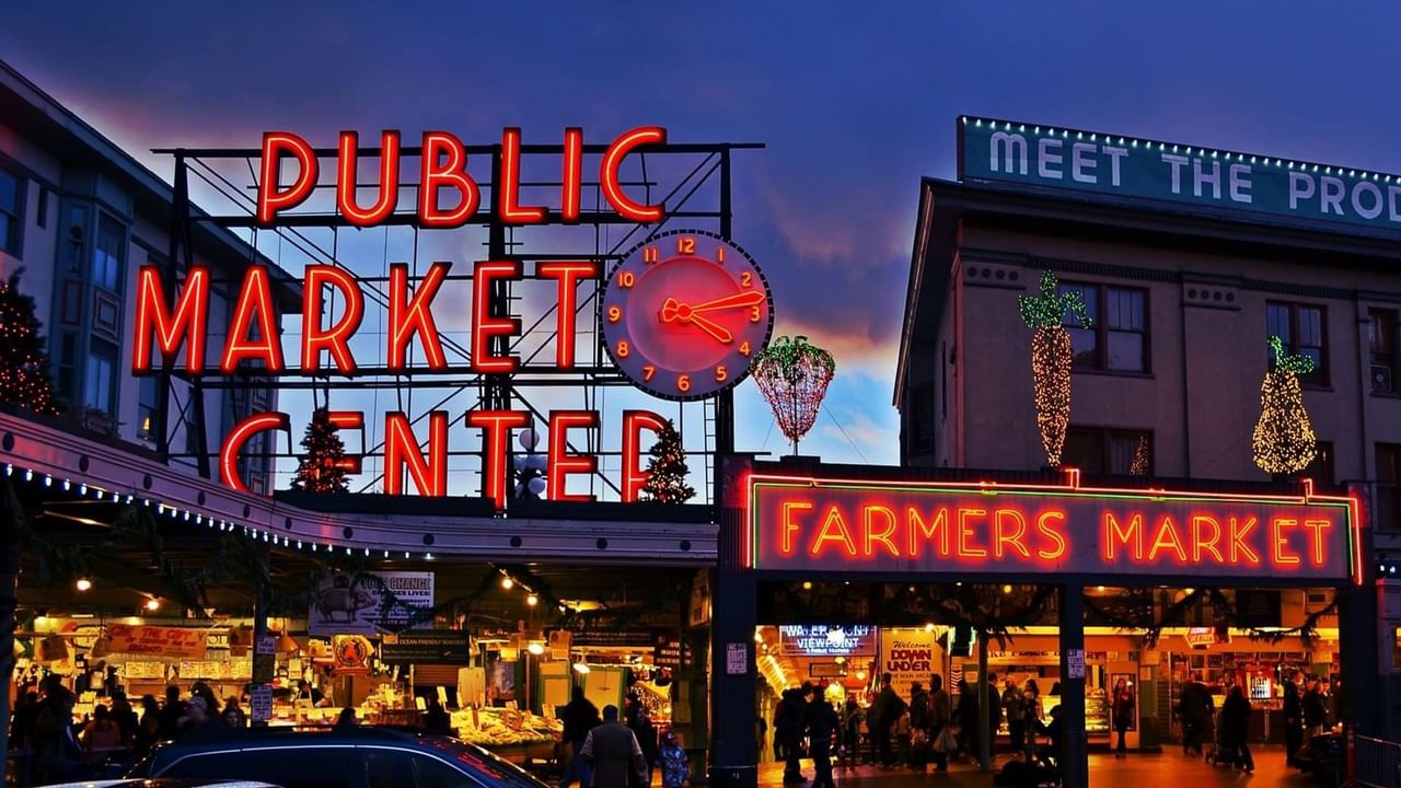 Pike Market Place at night during Christmas time
