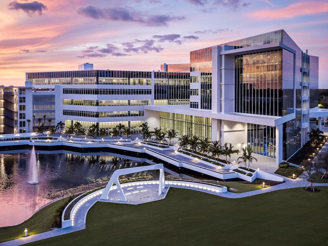 View of Innovation Hotel exterior during sunset