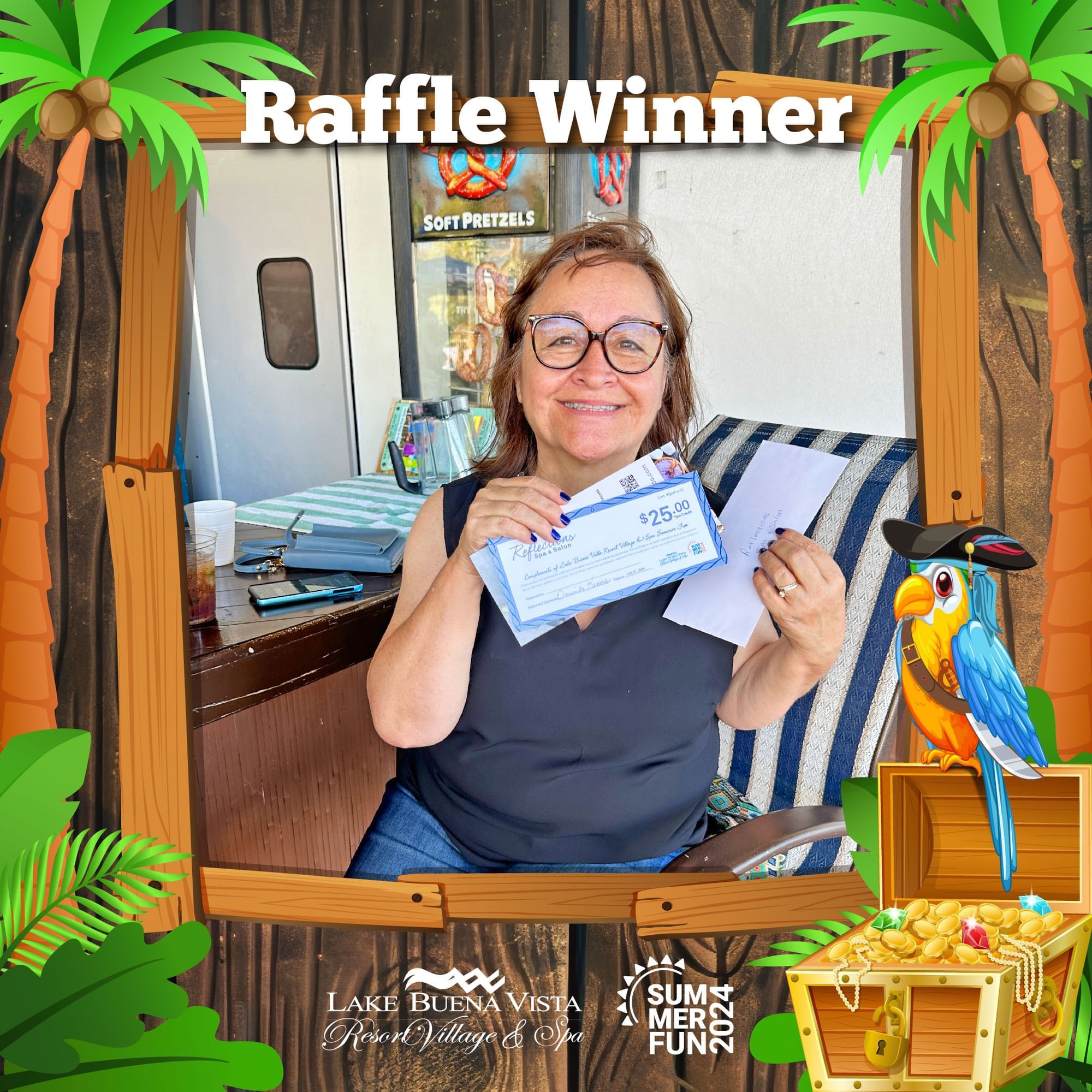 Lady holding documents inside a cartoon-styled frame with a parrot illustration at Lake Buena Vista Resort Village & Spa