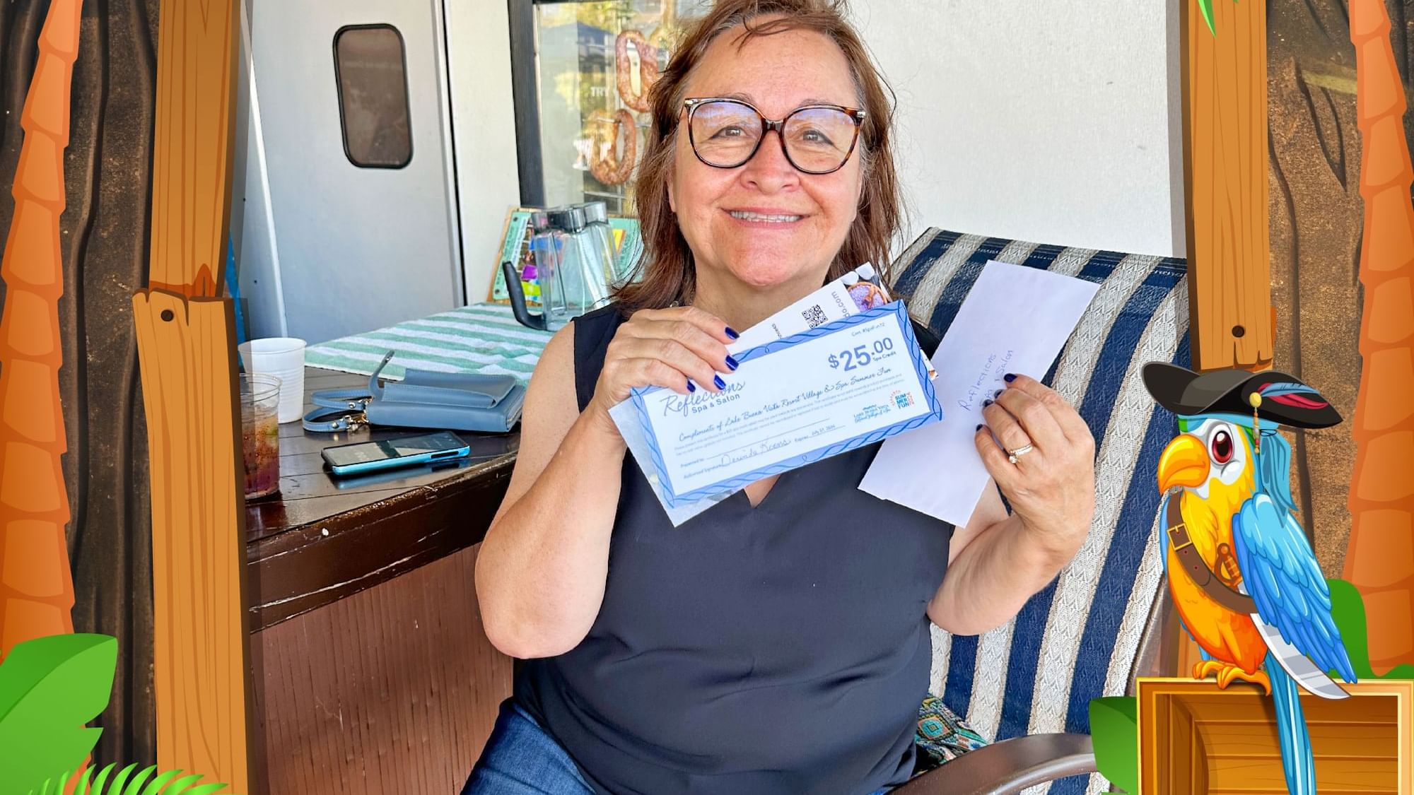 Lady holding documents inside a cartoon-styled frame with a parrot illustration at Lake Buena Vista Resort Village & Spa