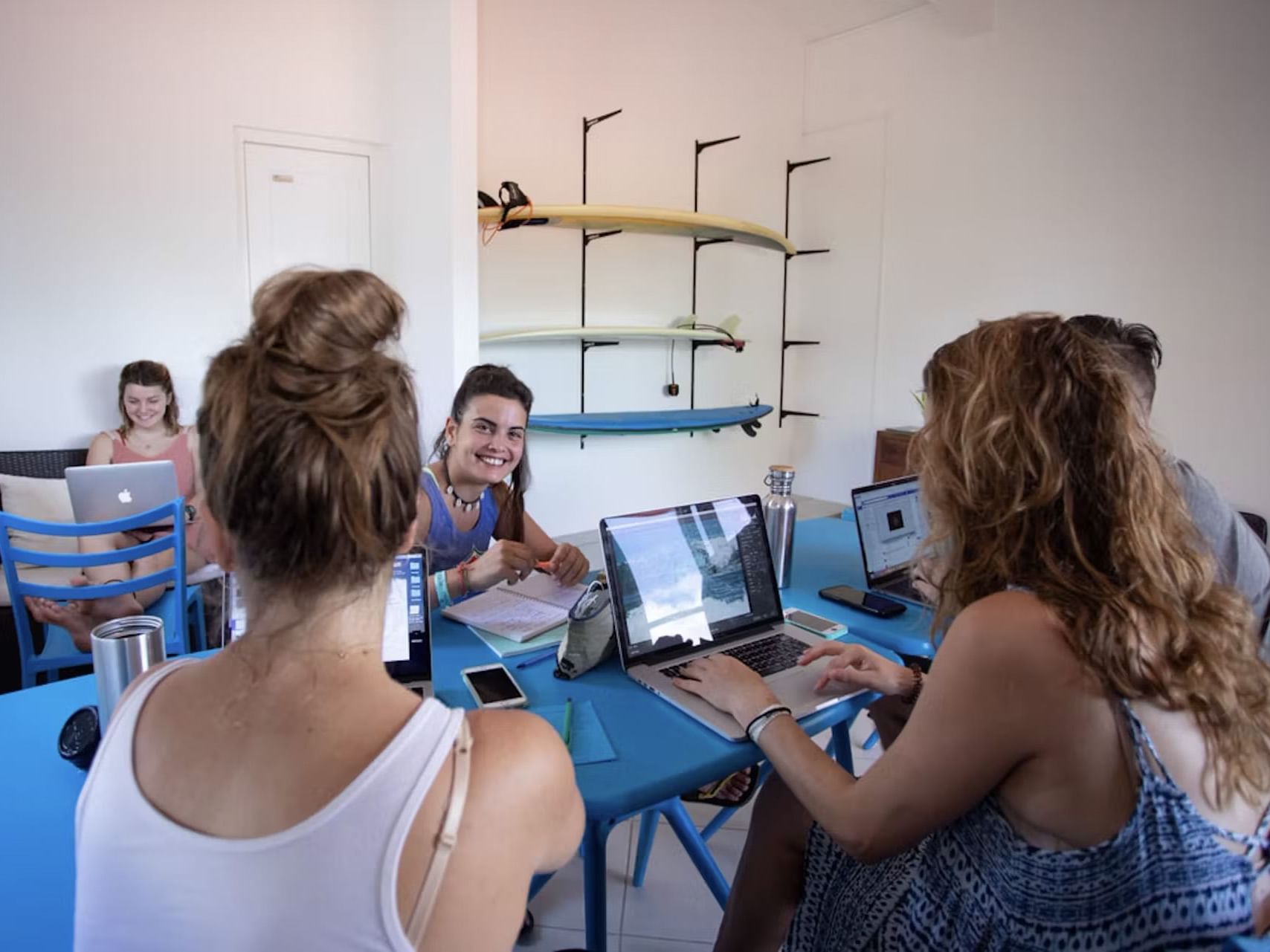 Group of people working on laptops at Coworking Space in Las Olas Beach Resort, Playa La Barqueta