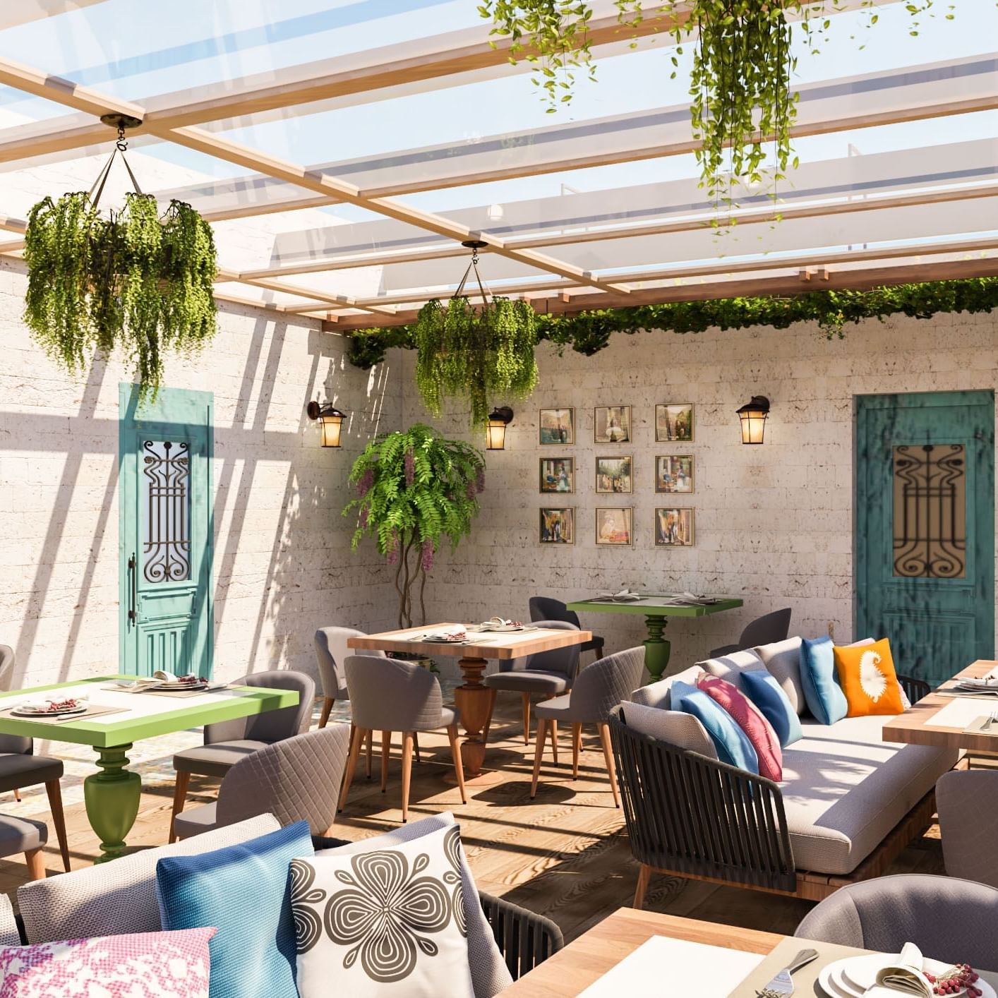 Des tables à manger et des canapés près des portes bleu sarcelle, sous des plantes suspendues et un toit en verre, au Warwick Riyad