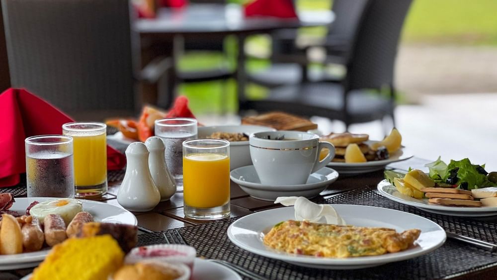 Assorted breakfast dishes and beverages at Nukunuku Restaurant & Bar, The Naviti Resort in Korolevu.