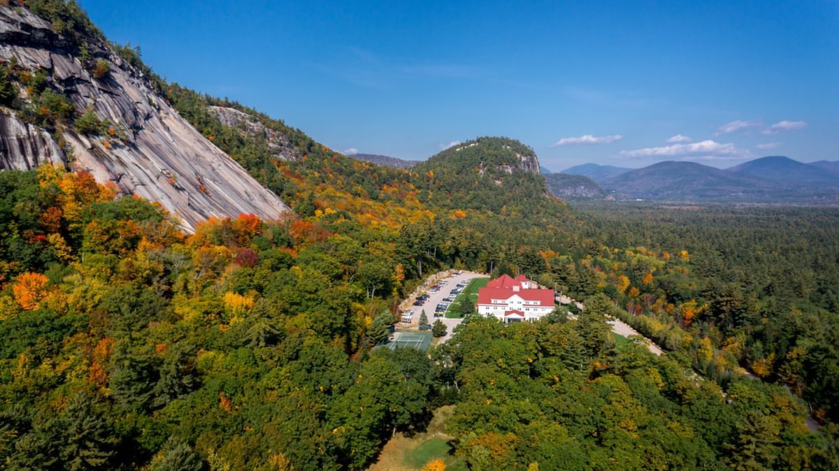 An aerial view of the hotel & mountains at White Mountain Hotel