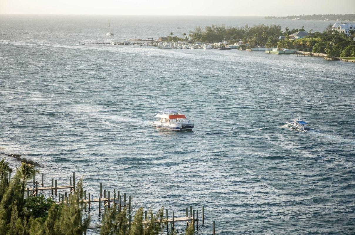 Catamarans moving by the coast under a hazy sky and trees near Warwick Paradise Island Bahamas