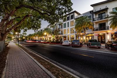 Vibrant street scene at dusk featuring palm trees, modern buildings, and parked cars near The J Hotel