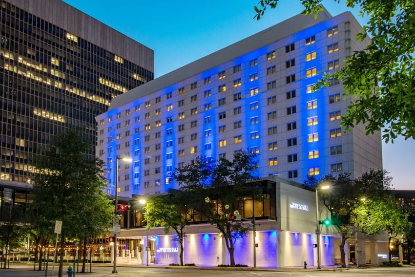 Night view of The Whitehall Houston with blue up-lighting, streetlights, and surrounding trees