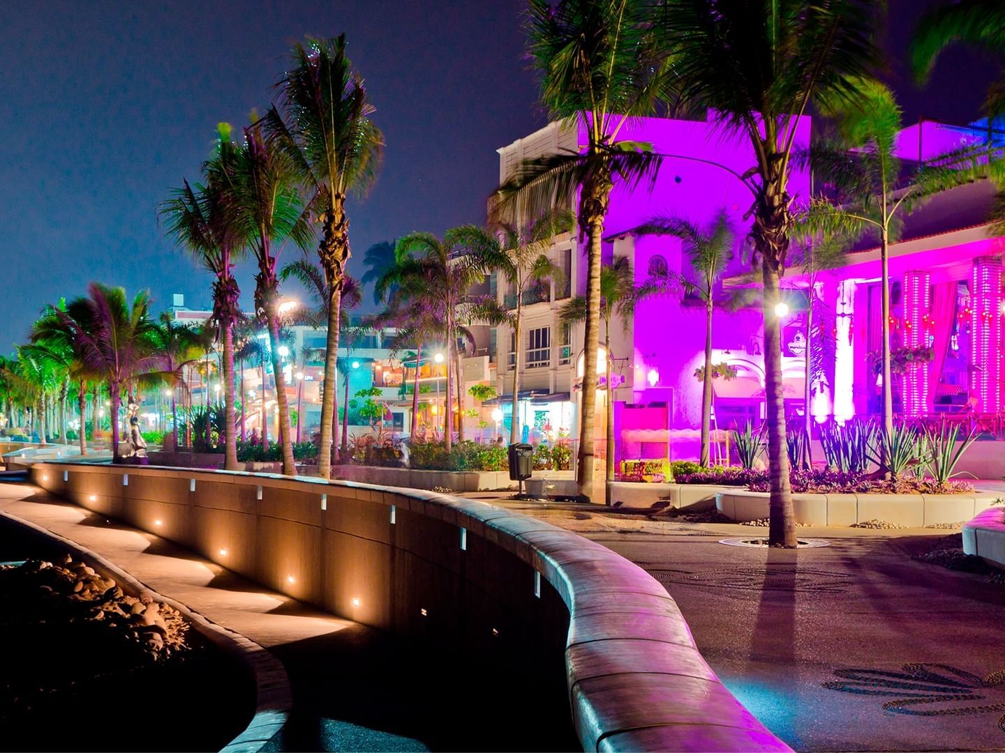 Night view of Puerto Vallarta Malecon beach pavilion near Plaza Pelicanos Club Beach Resort