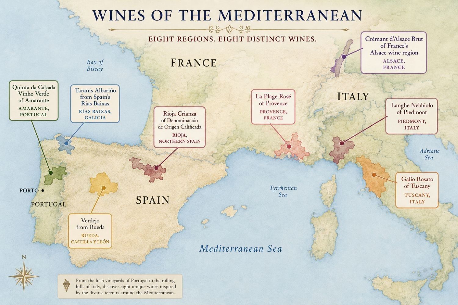 Wines of the Mediterranean map illustration