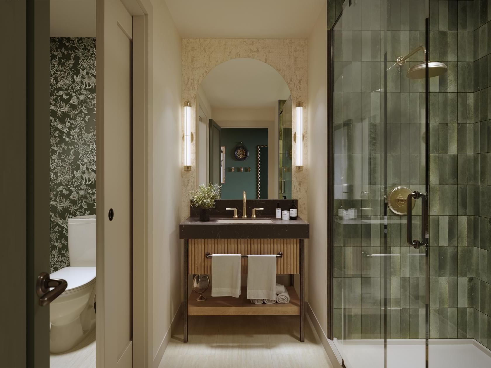 Bathroom vanity area by the shower cubical in Premium Double Double at Hotel Brookmere