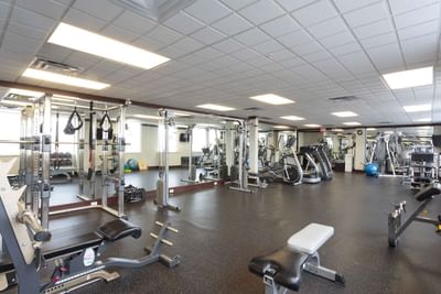 Exercise equipment and machines well-lit and unoccupied in Fitness centre at Sandman Hotel & Suites Winnipeg Airport