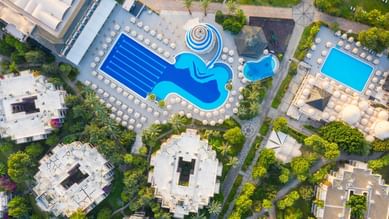 Top view of outdoor pools at Kairaba Bodrum Imperial